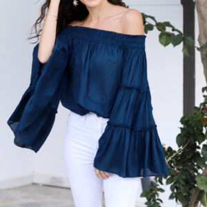 Free People scalloped off shoulder bell sleeve top turquoise blue size small
